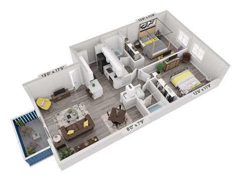 Floor plan for 2 beds, 2 baths, 815 sqft